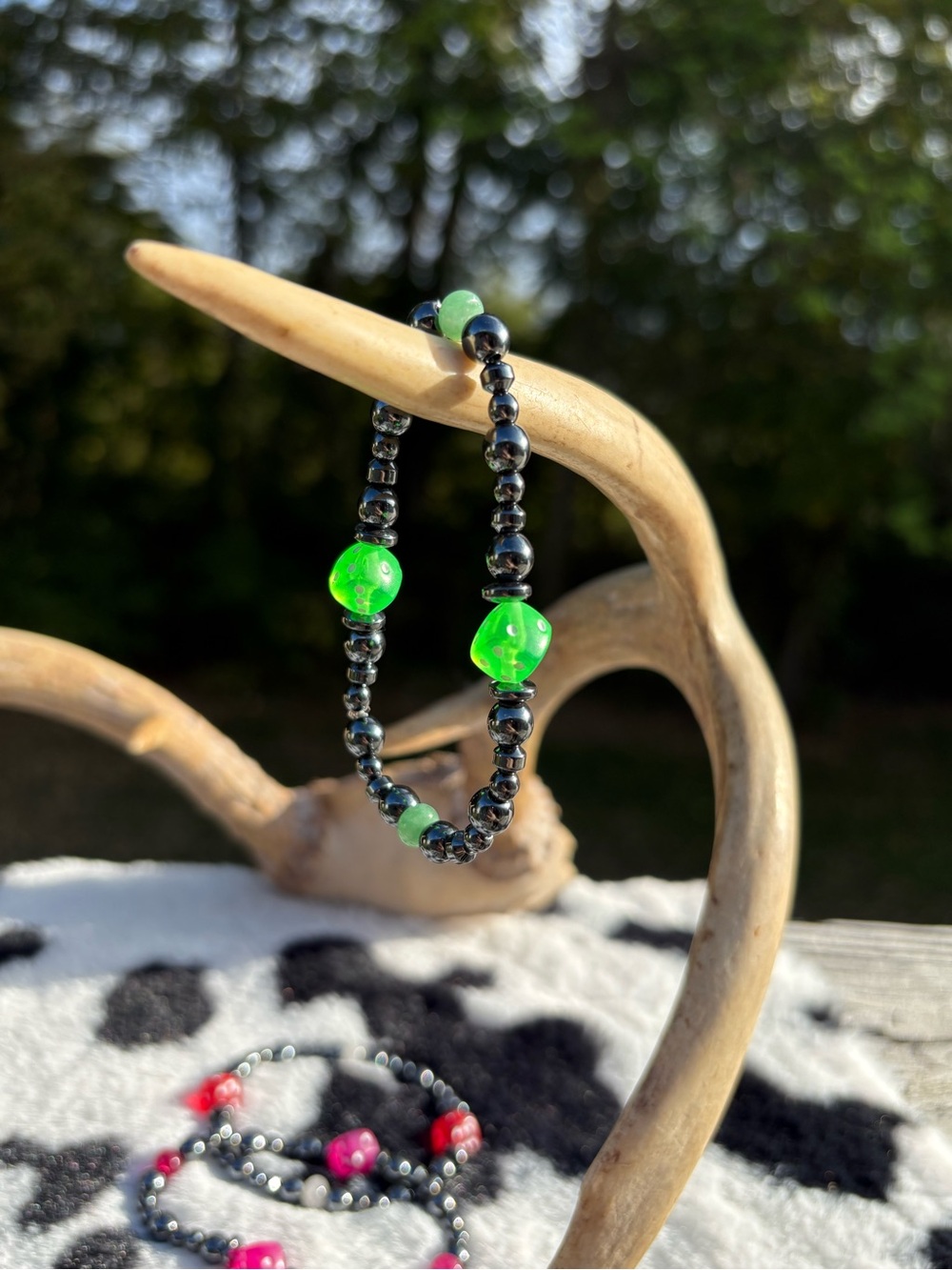Green Dice & Quartz Stretch Bracelets
